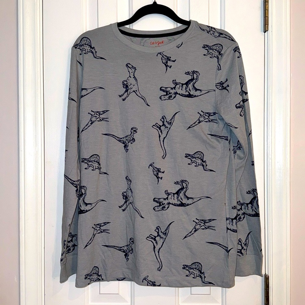 Cat & Jack Gray Dinosaurs Printed Long Sleeve T Shirt Boys XL  (16) Husky